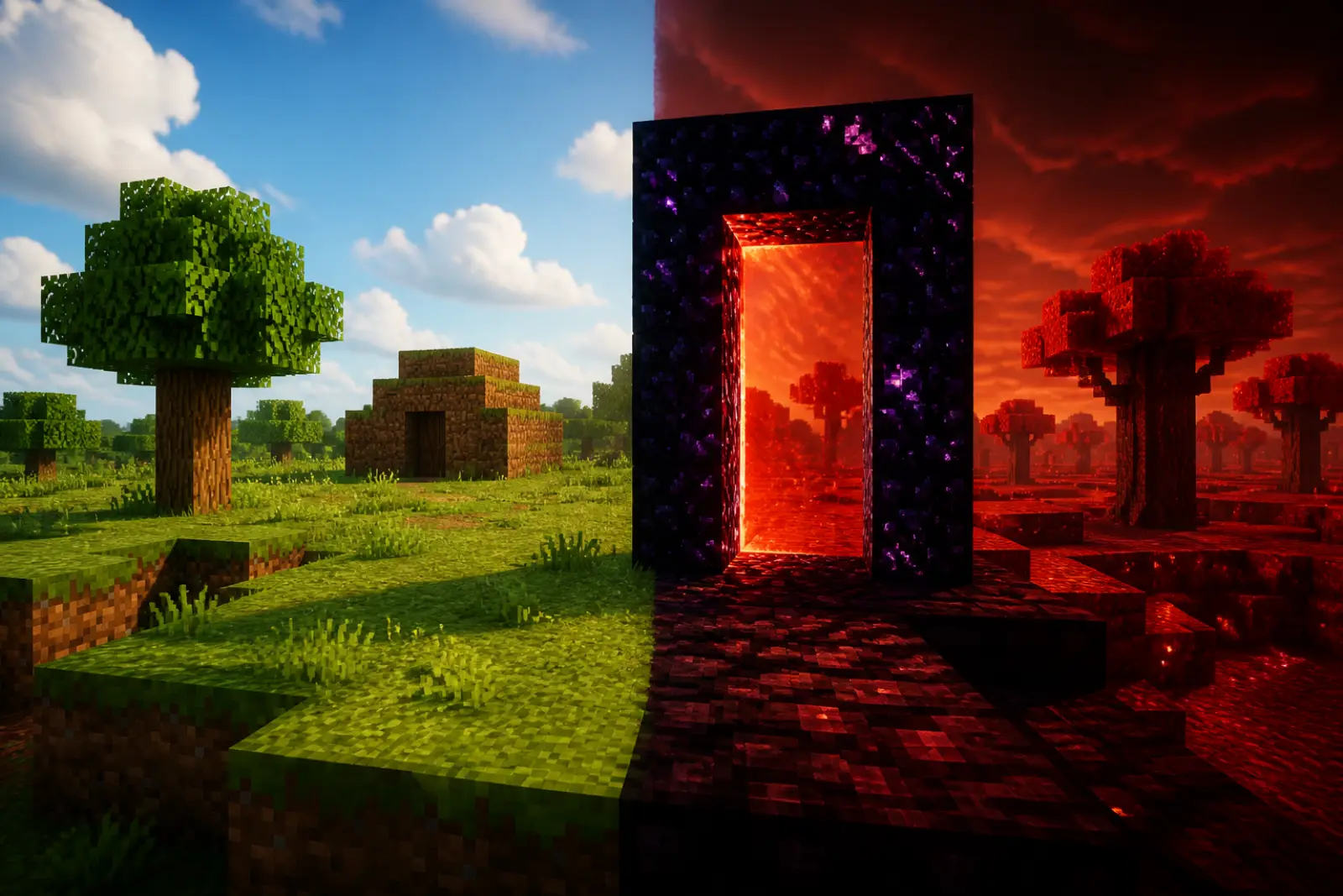 A grass hut beside a portal into another dimension