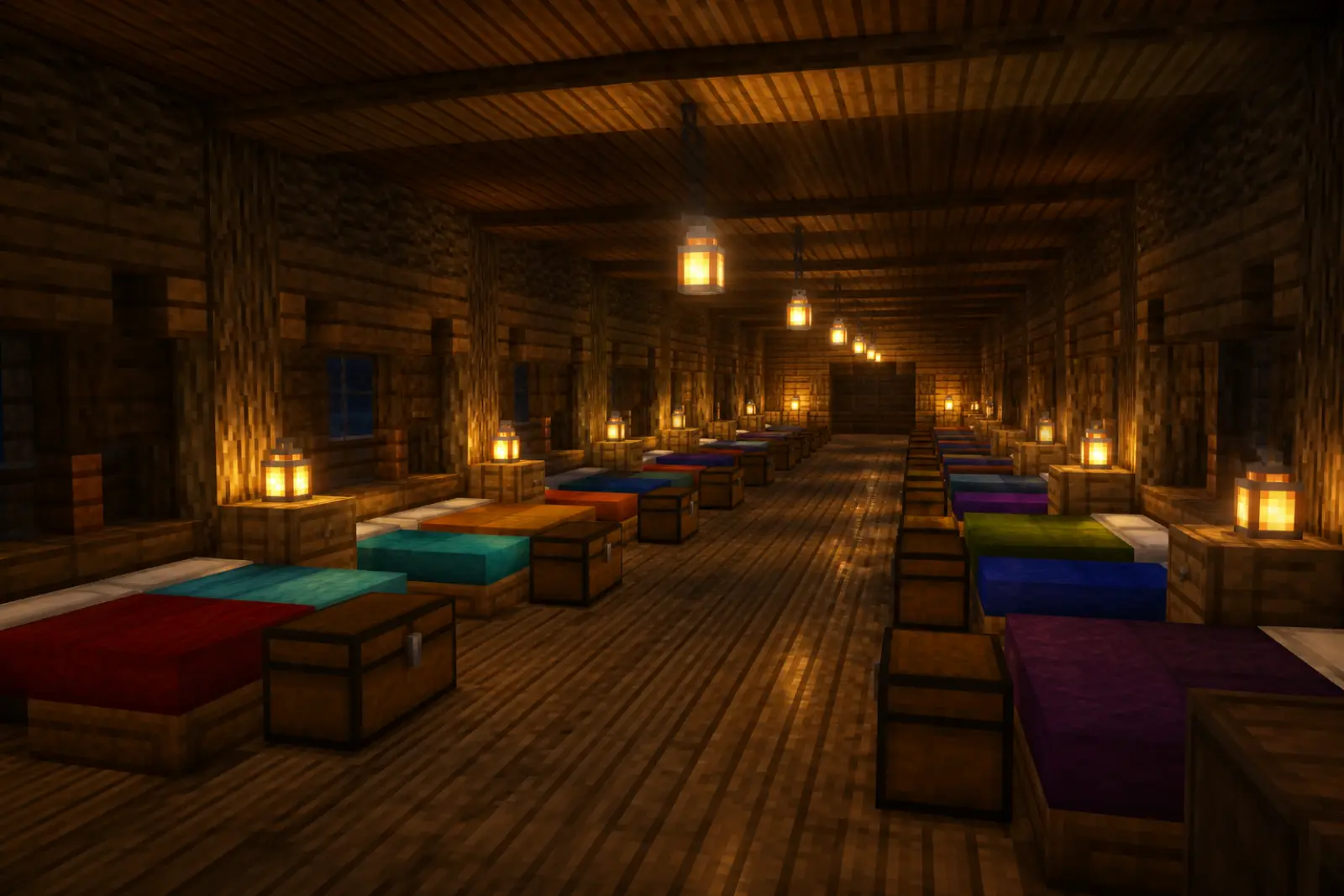 A lodge of many colorful beds waiting for players