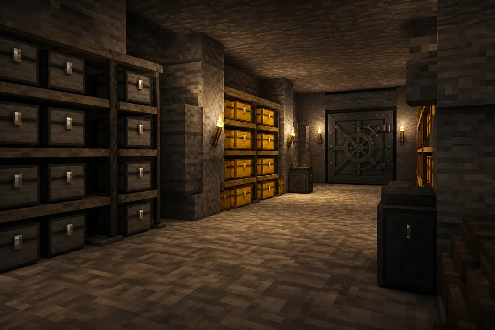 A stone vault lined with chests