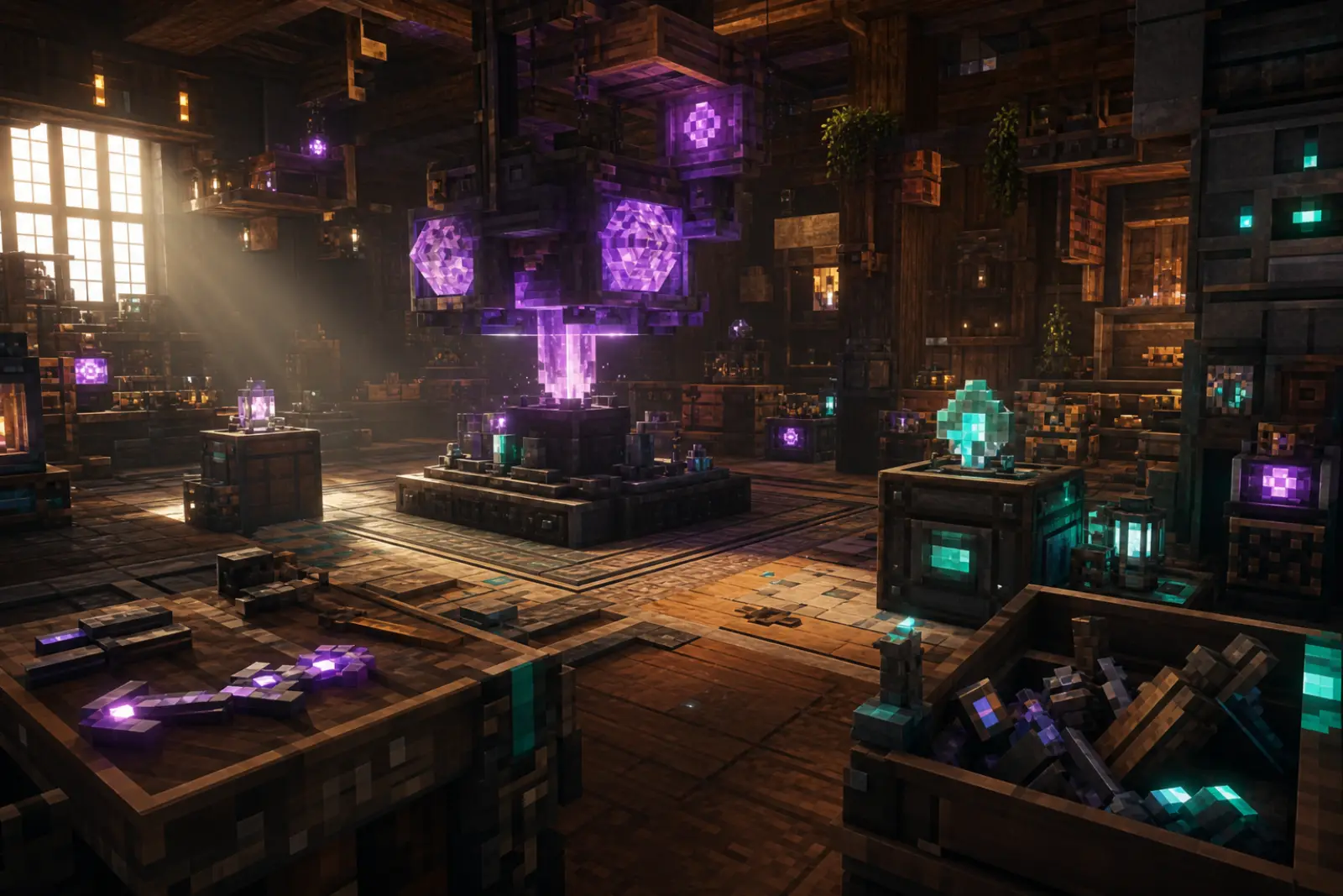 A workshop of glowing machines and open crates