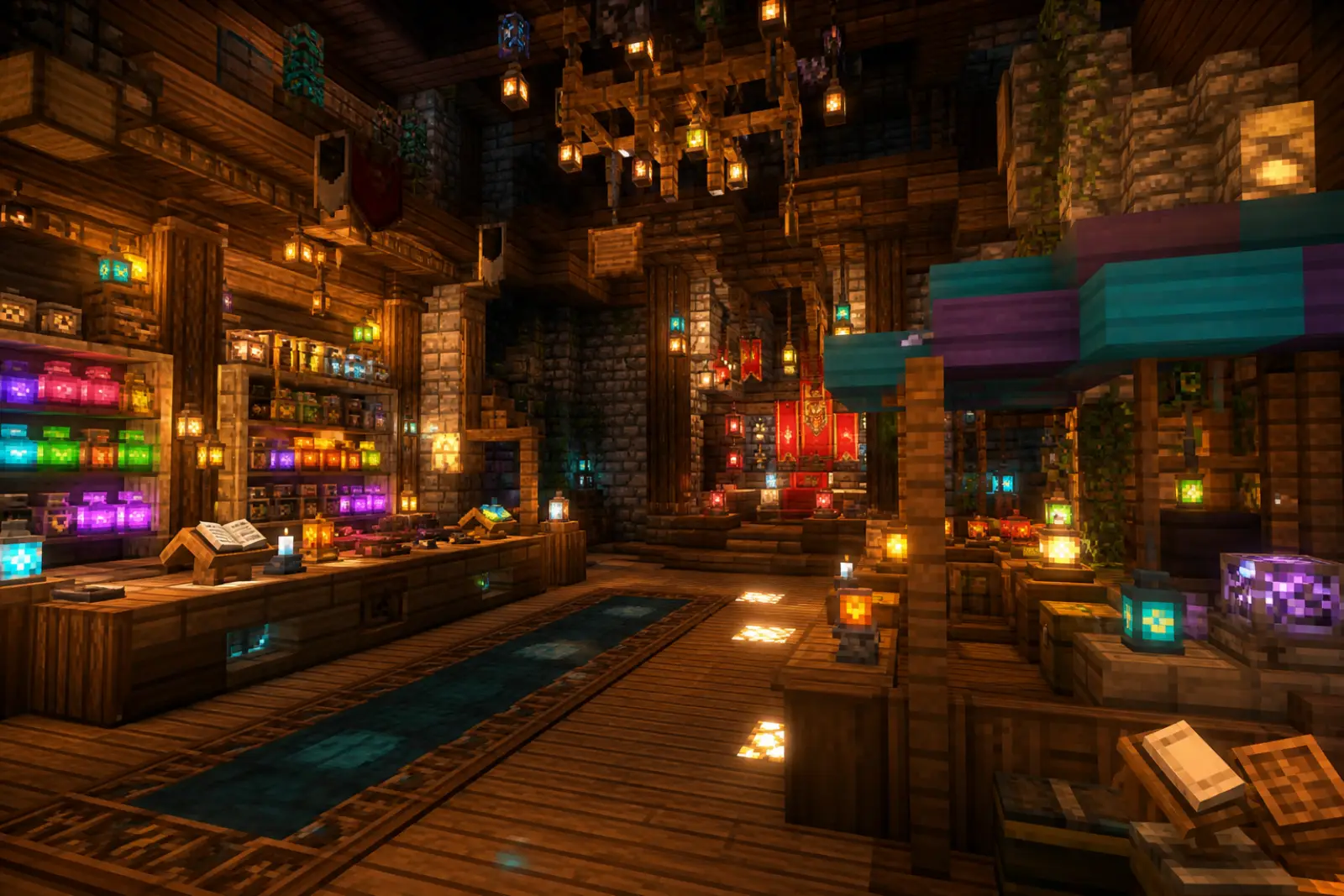 A voxel shop hall with potion shelves and lecterns