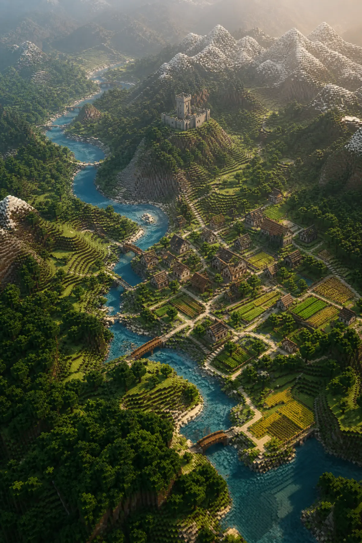 An aerial view of a handmade voxel world