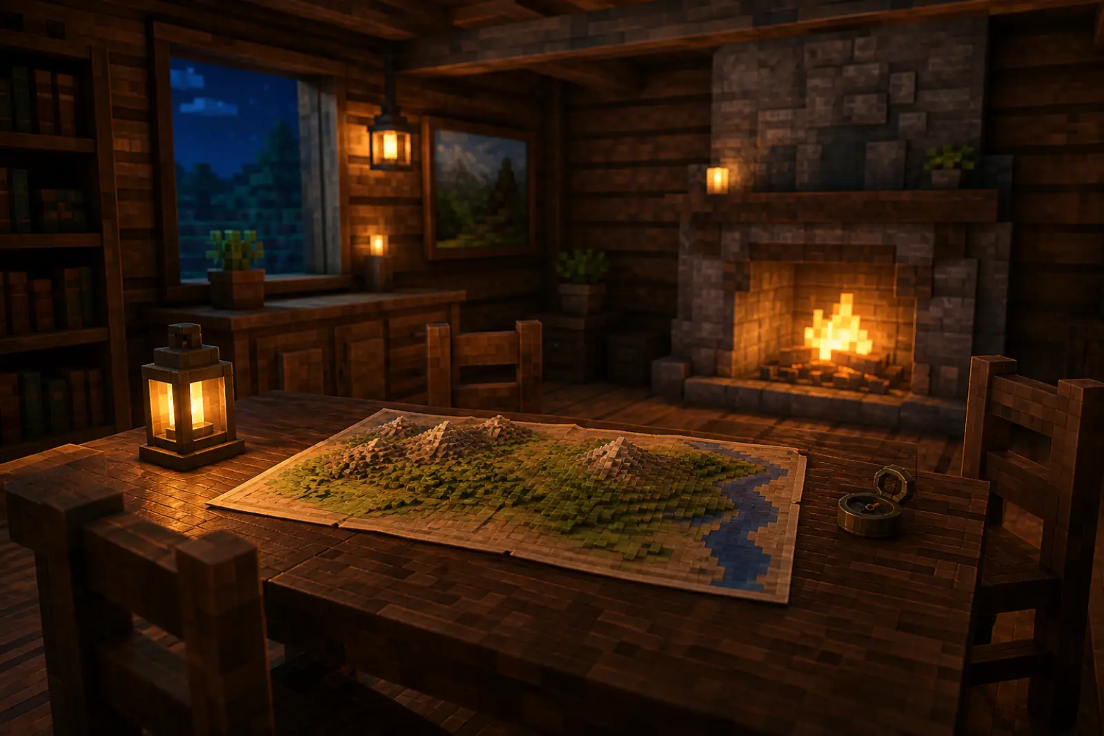 A cabin table with a map, lantern, and hearth
