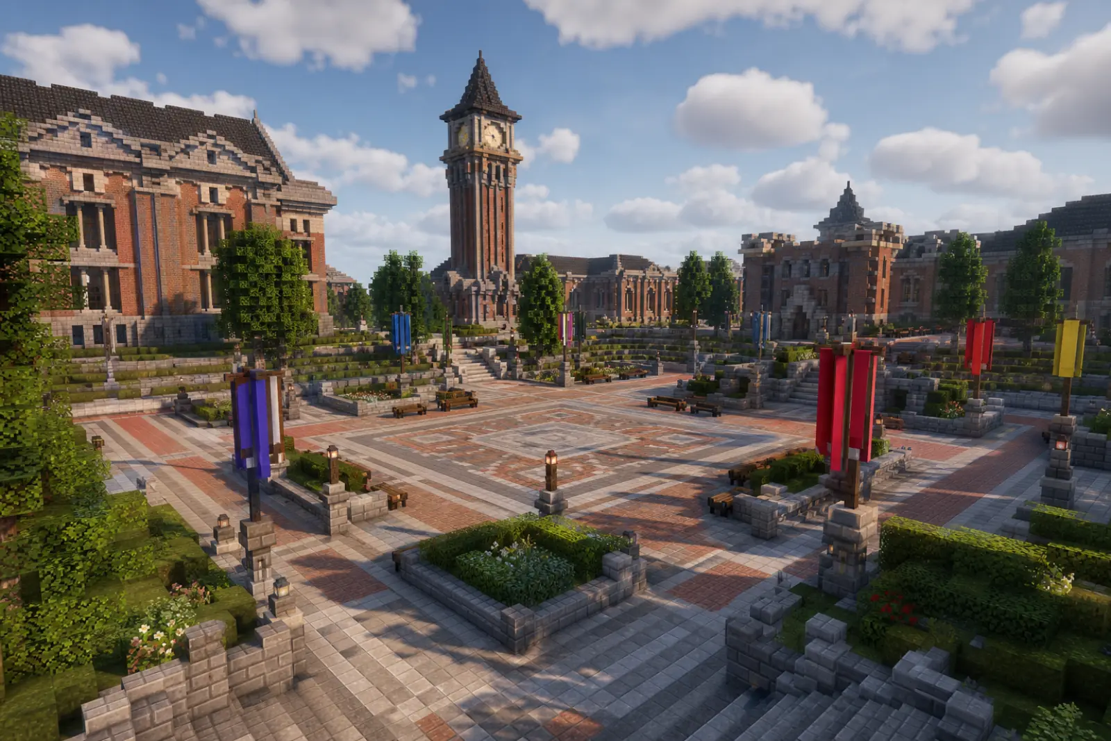 A voxel campus courtyard with banners and a clock tower