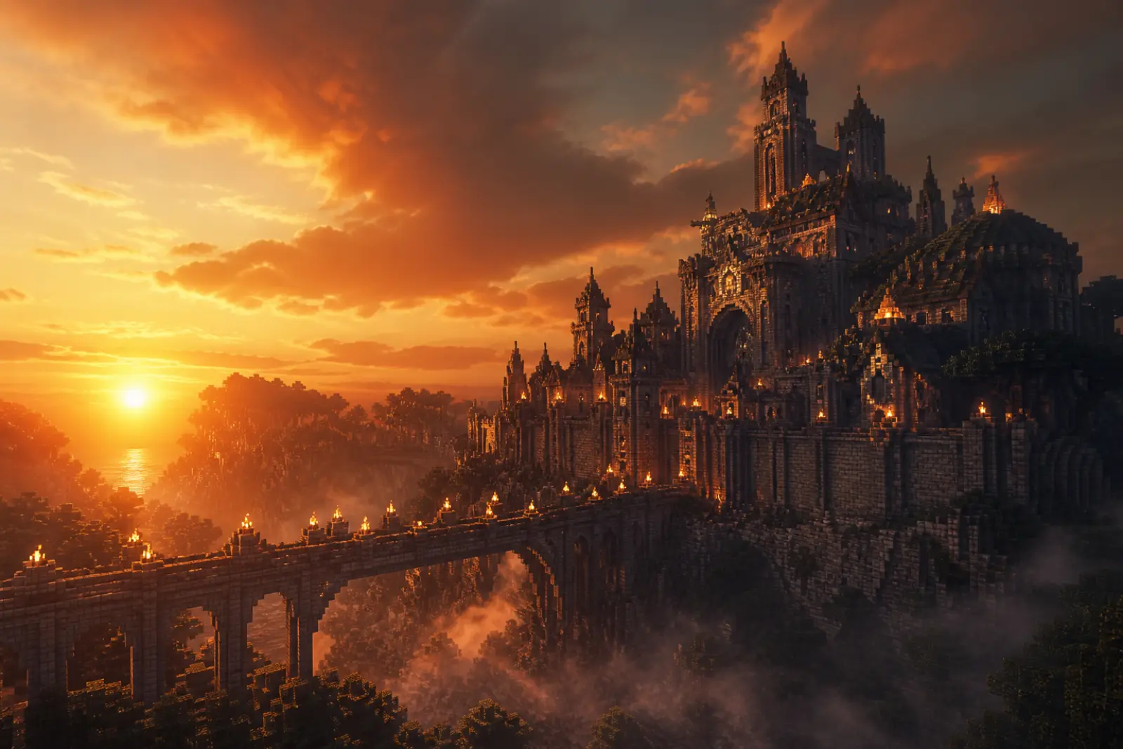 A cliffside voxel castle at sunset above the clouds