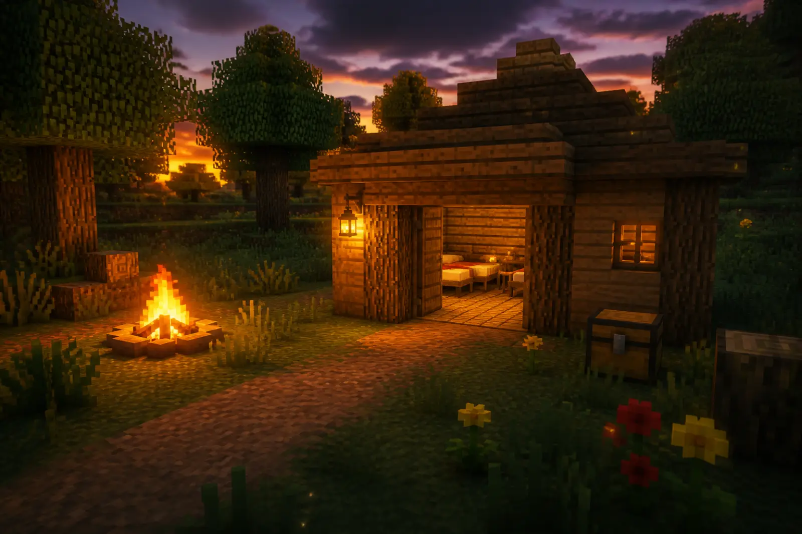A small voxel cabin and campfire at dusk