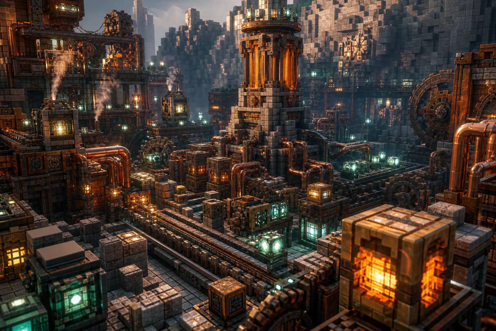 A dense voxel factory of pipes, cores, and machines